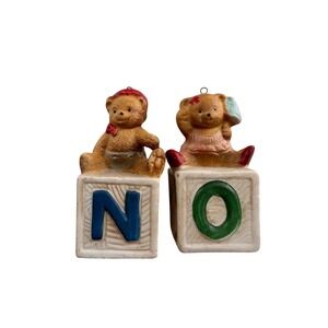 Vintage Noel Bear Figurines‎ On Blocks Christmas Ornaments Set Of 2 Porcelain